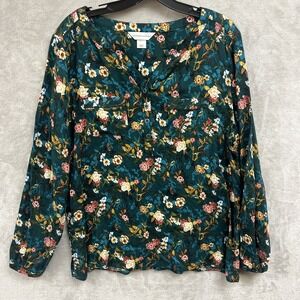 Christopher & Banks Cottagecore Top Women's L Green Floral Victorian Fairy Rayon